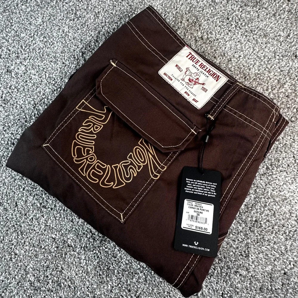 True Religion Cargo SN Pants Mens 36 Bracken Brown Stitch Streetwear NEW